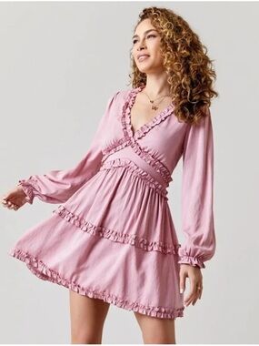 Francesca’s Miami Lana Ruffle Mini Dress Pink Ruffle Tiered V-Neck Long Sleeve
